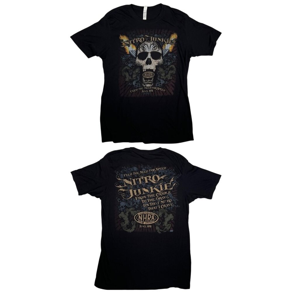 NHRA Nitro Junkie T-Shirt Mens XL Black Drag Racing Double Sided Skull Graphic